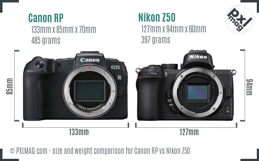 Canon RP vs Nikon Z50 size comparison