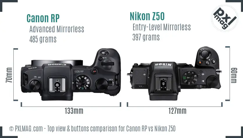 Canon RP vs Nikon Z50 top view buttons comparison