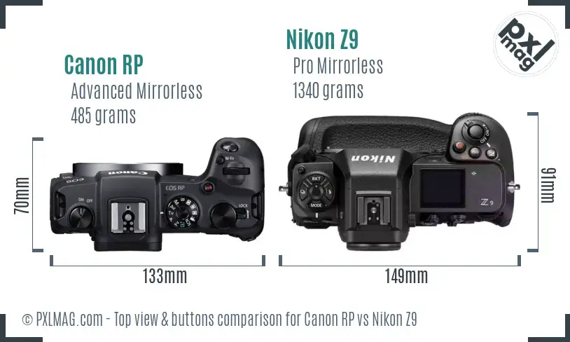 Canon RP vs Nikon Z9 top view buttons comparison