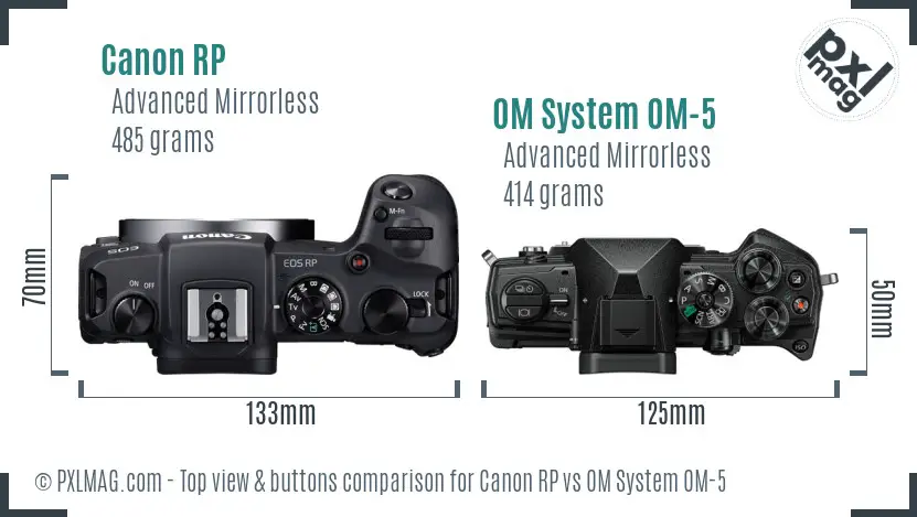 Canon RP vs OM System OM-5 top view buttons comparison