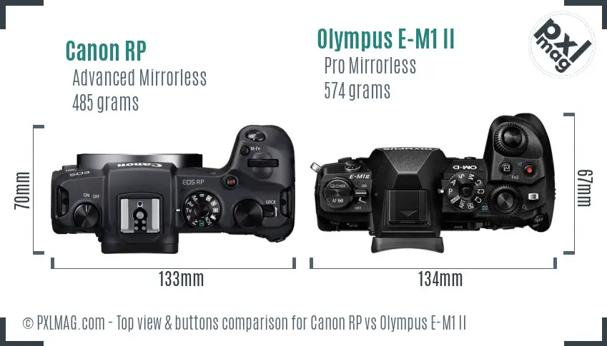 Canon RP vs Olympus E-M1 II top view buttons comparison