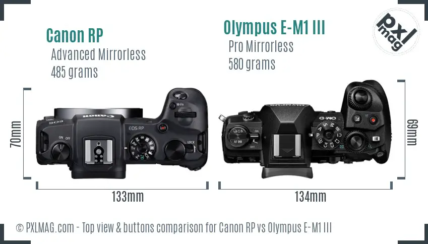 Canon RP vs Olympus E-M1 III top view buttons comparison