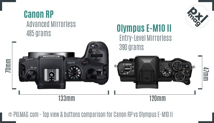 Canon RP vs Olympus E-M10 II top view buttons comparison