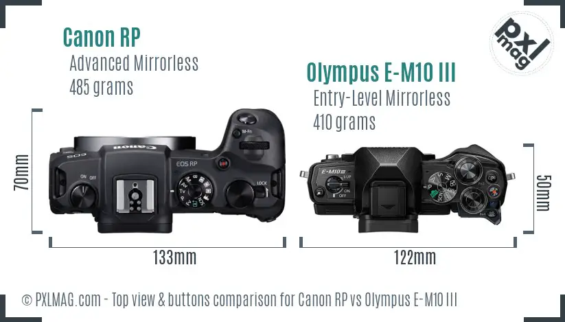 Canon RP vs Olympus E-M10 III top view buttons comparison