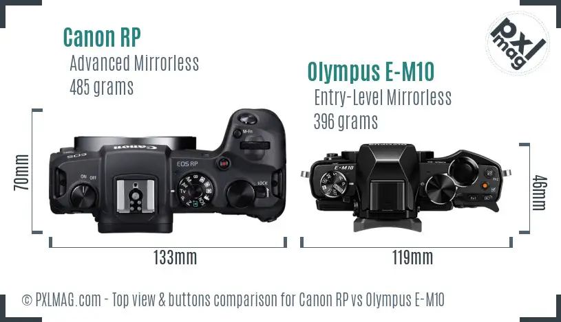 Canon RP vs Olympus E-M10 top view buttons comparison