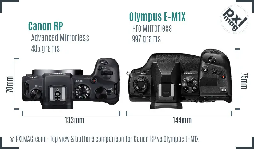 Canon RP vs Olympus E-M1X top view buttons comparison Canon RP vs Olympus E-M1X top view buttons comparison