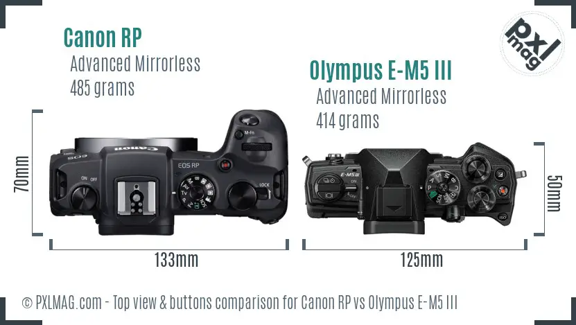 Canon RP vs Olympus E-M5 III top view buttons comparison
