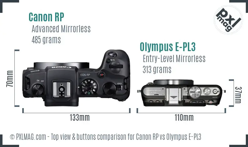 Canon RP vs Olympus E-PL3 top view buttons comparison