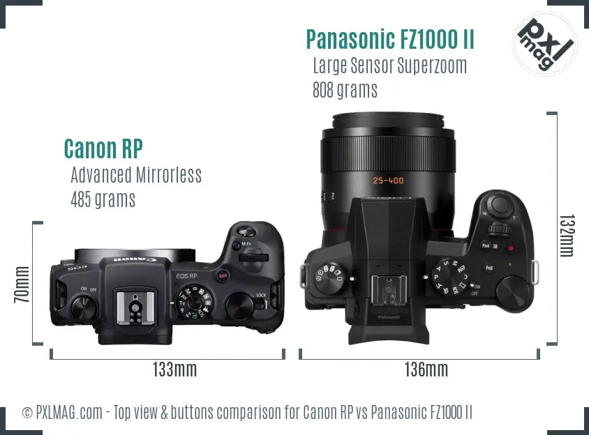 Canon RP vs Panasonic FZ1000 II top view buttons comparison Canon RP vs Panasonic FZ1000 II top view buttons comparison