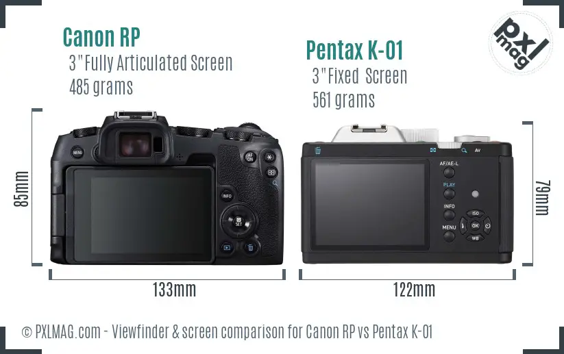 Canon RP vs Pentax K-01 Screen and Viewfinder comparison
