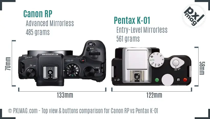 Canon RP vs Pentax K-01 top view buttons comparison