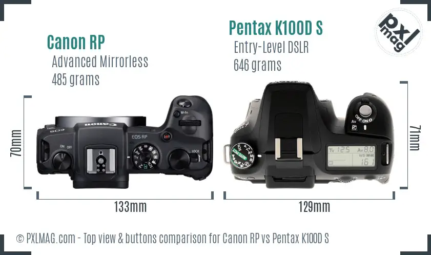 Canon RP vs Pentax K100D S top view buttons comparison