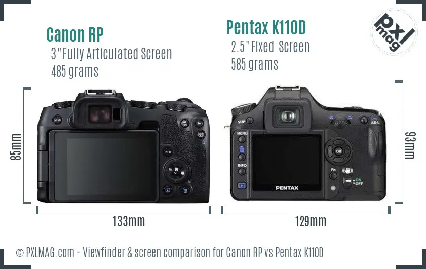 Canon RP vs Pentax K110D Screen and Viewfinder comparison
