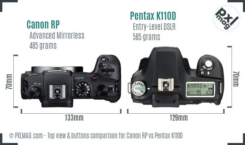 Canon RP vs Pentax K110D top view buttons comparison