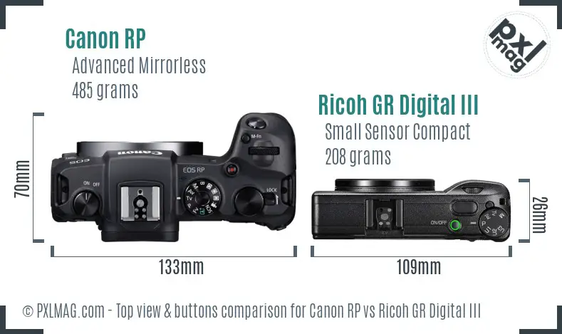 Canon RP vs Ricoh GR Digital III top view buttons comparison Canon RP vs Ricoh GR Digital III top view buttons comparison