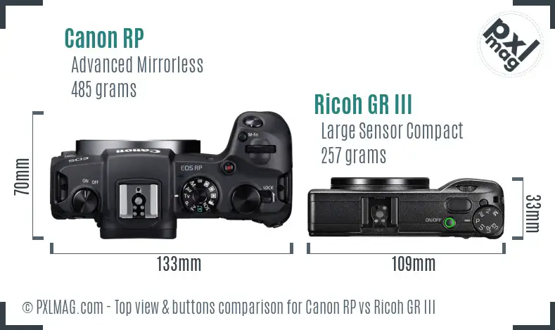 Canon RP vs Ricoh GR III top view buttons comparison