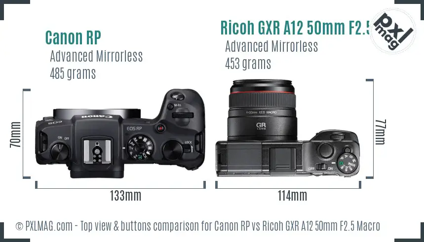 Canon RP vs Ricoh GXR A12 50mm F2.5 Macro top view buttons comparison