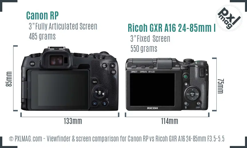 Canon RP vs Ricoh GXR A16 24-85mm F3.5-5.5 Screen and Viewfinder comparison