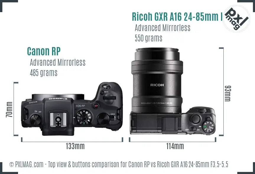 Canon RP vs Ricoh GXR A16 24-85mm F3.5-5.5 top view buttons comparison