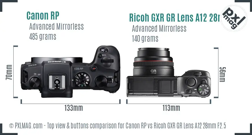 Canon RP vs Ricoh GXR GR Lens A12 28mm F2.5 top view buttons comparison