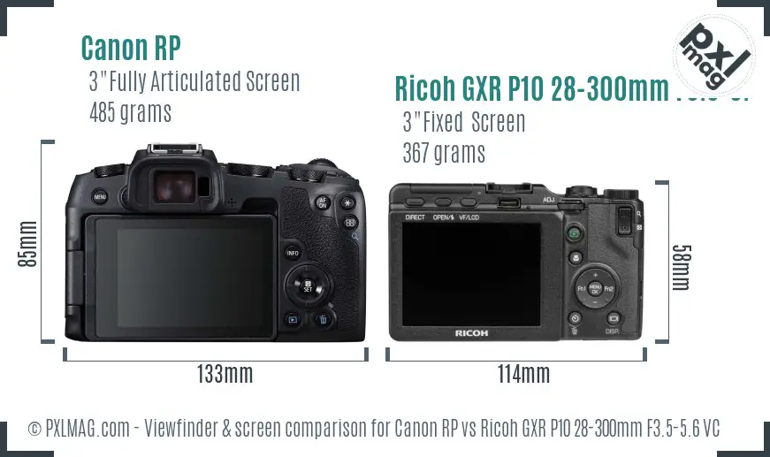 Canon RP vs Ricoh GXR P10 28-300mm F3.5-5.6 VC Screen and Viewfinder comparison