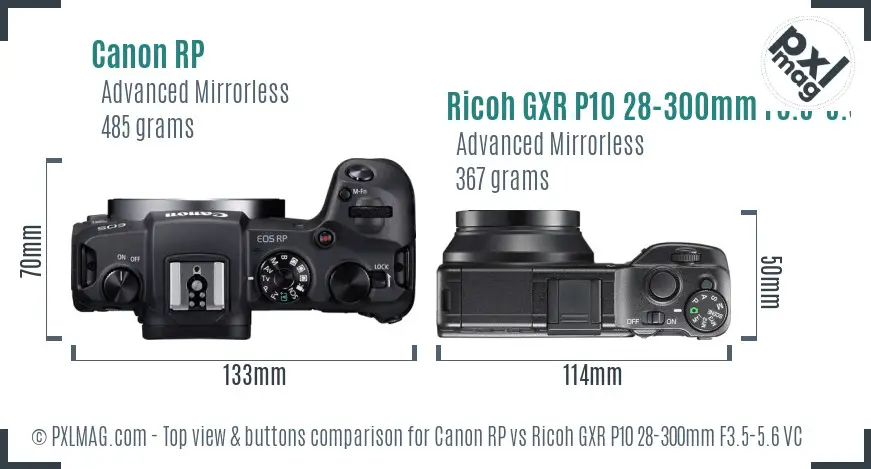 Canon RP vs Ricoh GXR P10 28-300mm F3.5-5.6 VC top view buttons comparison