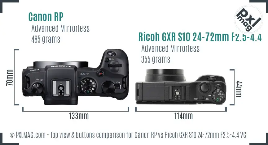 Canon RP vs Ricoh GXR S10 24-72mm F2.5-4.4 VC top view buttons comparison