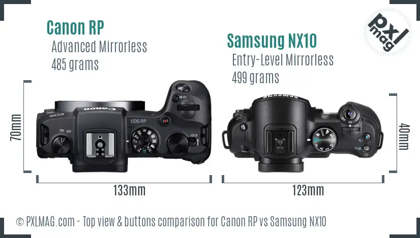 Canon RP vs Samsung NX10 top view buttons comparison