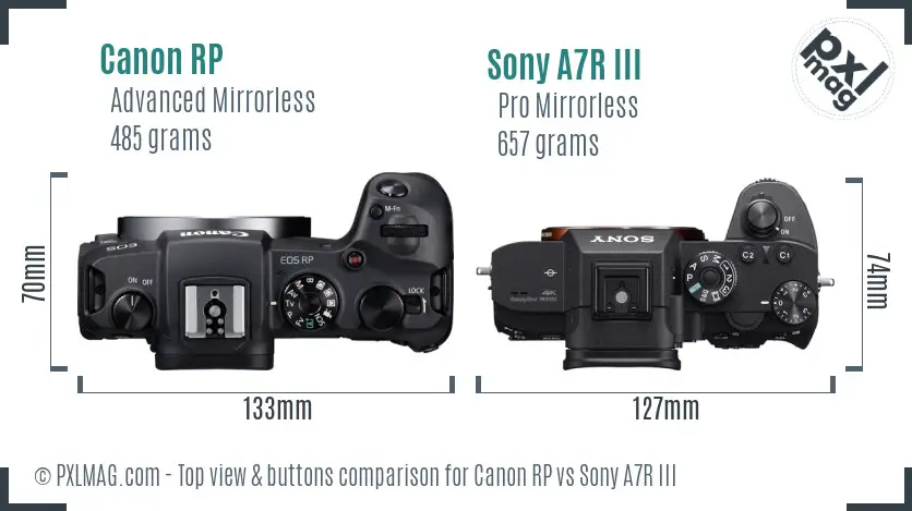 Canon RP vs Sony A7R III top view buttons comparison