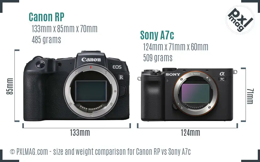 Canon RP vs Sony A7c size comparison