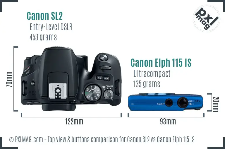 Canon SL2 vs Canon Elph 115 IS top view buttons comparison Canon SL2 vs Canon Elph 115 IS top view buttons comparison