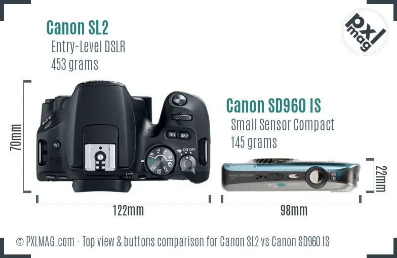 Canon SL2 vs Canon SD960 IS top view buttons comparison