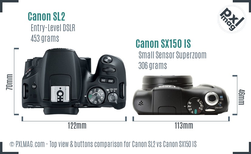 Canon SL2 vs Canon SX150 IS top view buttons comparison