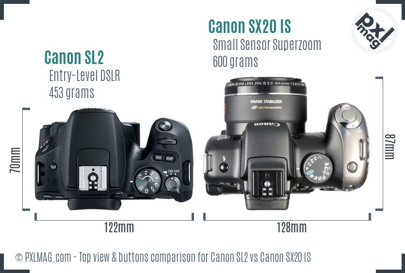 Canon SL2 vs Canon SX20 IS top view buttons comparison