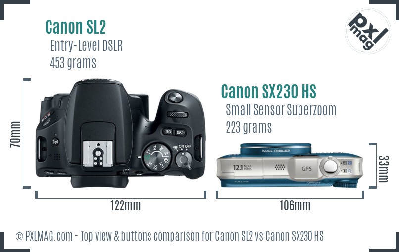 Canon SL2 vs Canon SX230 HS top view buttons comparison