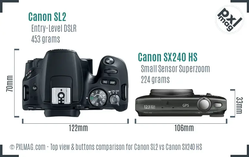 Canon SL2 vs Canon SX240 HS top view buttons comparison Canon SL2 vs Canon SX240 HS top view buttons comparison