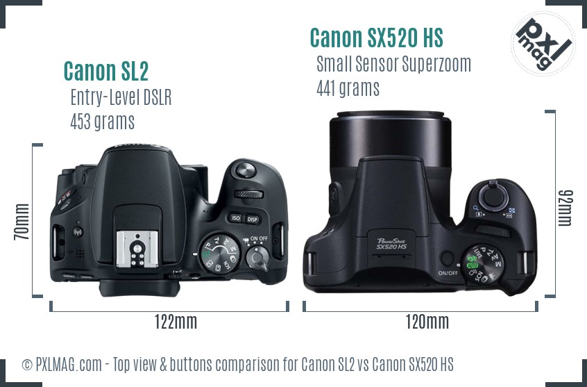 Canon SL2 vs Canon SX520 HS top view buttons comparison