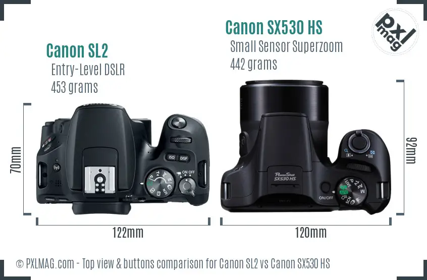 Canon SL2 vs Canon SX530 HS top view buttons comparison