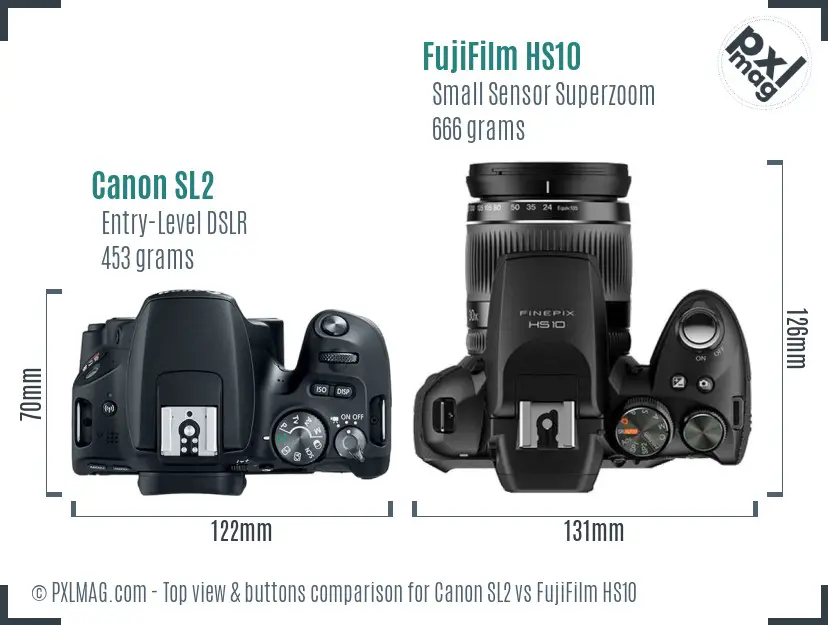 Canon SL2 vs FujiFilm HS10 top view buttons comparison Canon SL2 vs FujiFilm HS10 top view buttons comparison
