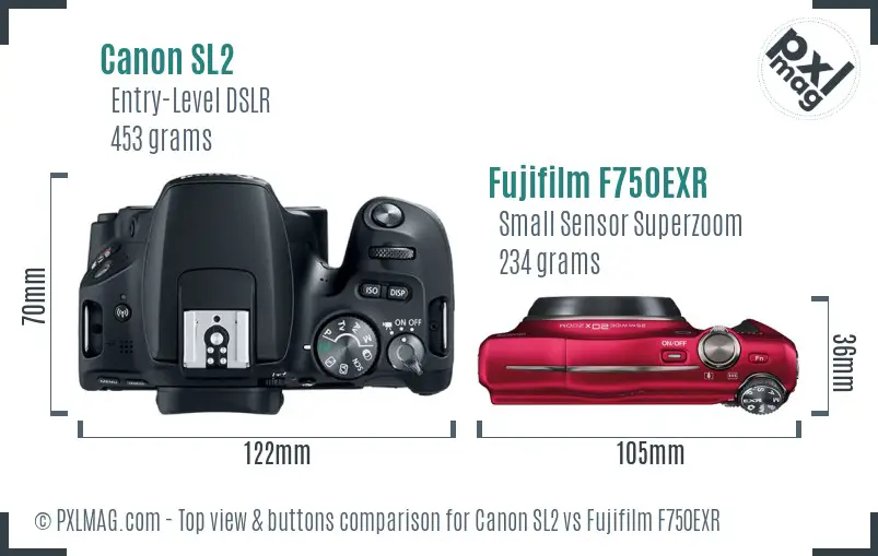 Canon SL2 vs Fujifilm F750EXR top view buttons comparison Canon SL2 vs Fujifilm F750EXR top view buttons comparison