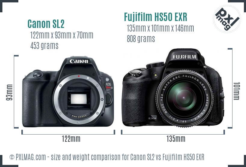 Canon SL2 vs Fujifilm HS50 EXR size comparison