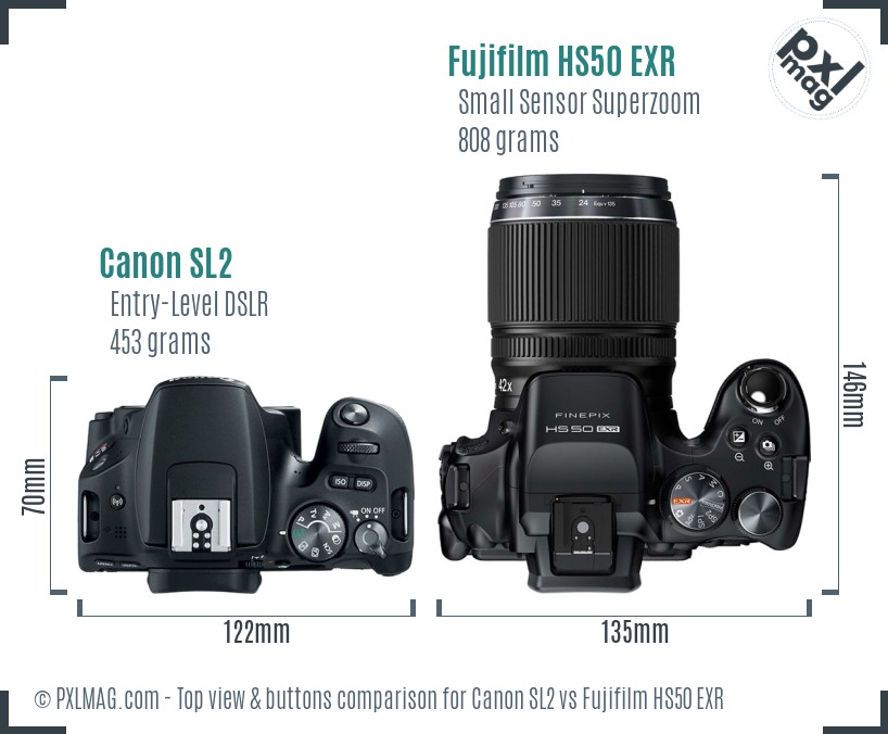 Canon SL2 vs Fujifilm HS50 EXR top view buttons comparison