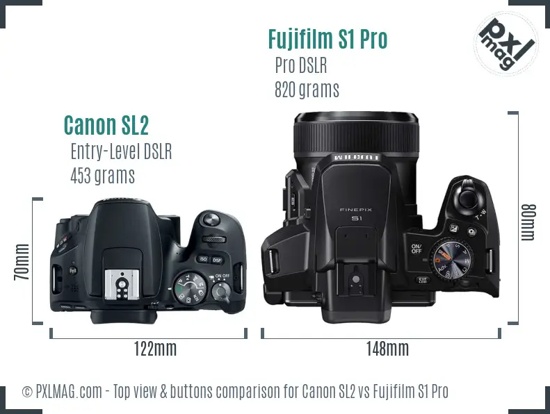 Canon SL2 vs Fujifilm S1 Pro top view buttons comparison Canon SL2 vs Fujifilm S1 Pro top view buttons comparison