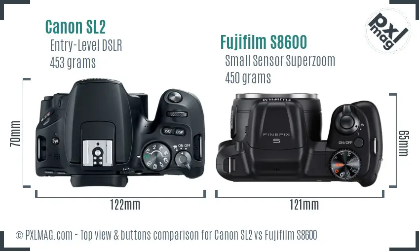 Canon SL2 vs Fujifilm S8600 top view buttons comparison