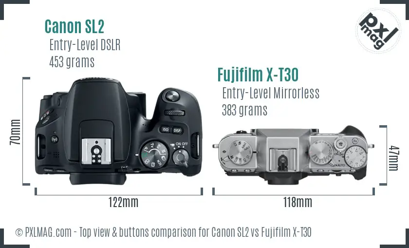 Canon SL2 vs Fujifilm X-T30 top view buttons comparison
