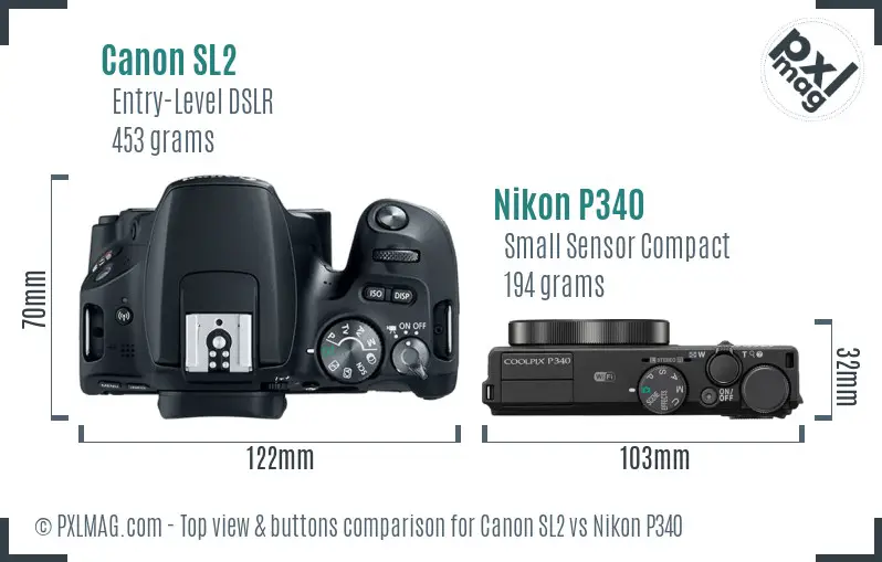Canon SL2 vs Nikon P340 top view buttons comparison