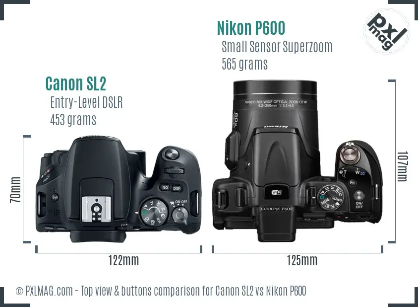 Canon SL2 vs Nikon P600 top view buttons comparison