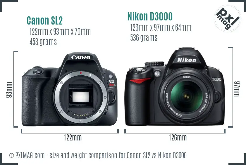 Canon SL2 vs Nikon D3000 size comparison