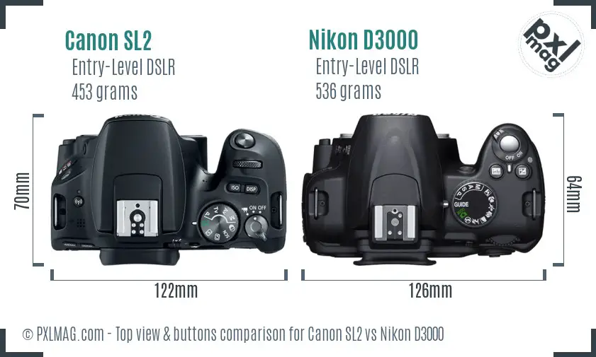 Canon SL2 vs Nikon D3000 top view buttons comparison