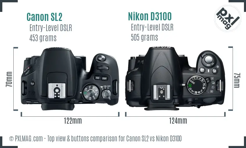 Canon SL2 vs Nikon D3100 top view buttons comparison